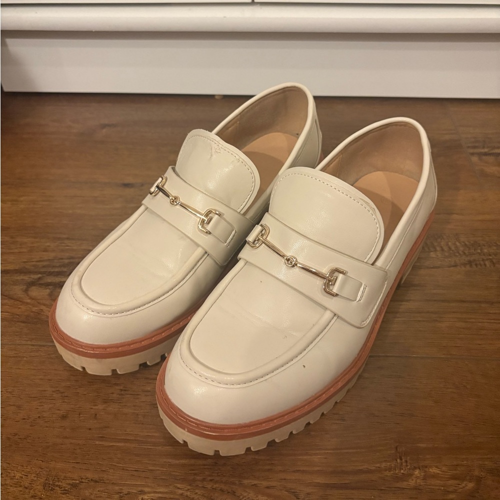 Cream Loafers with Gold Buckle